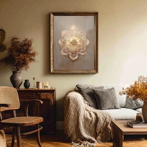 May include: A framed artwork with a geometric flower of life design in gold and cream hues. The artwork is displayed in a living room setting with a wooden frame, adding a touch of elegance to the space.