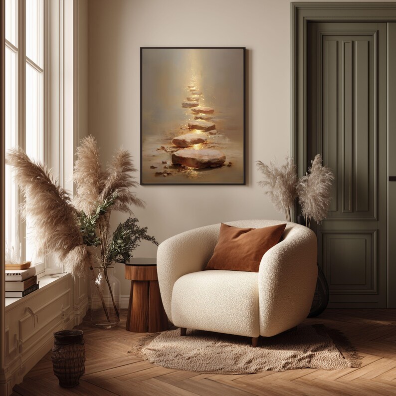 Op de afbeelding: Een interieur met een ingelijst kunstwerk dat een pad van verlichte stenen afbeeldt. Een cr&egrave;mekleurige fauteuil met een bruin kussen staat op een vloerkleed. Gedroogd pampasgras en een houten bijzettafel maken de ruimte compleet.