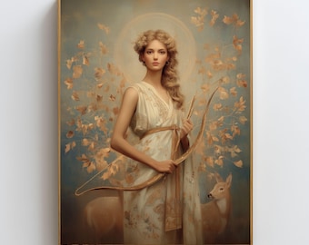Arte mural de la diosa Artemisa, lámina de la mitología griega, diosa cazadora de la luna, póster del poder divino femenino, arte de la mitología antigua, decoración del espíritu de la naturaleza.