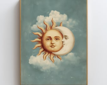 Sonne und Mond Wandkunst | Vintage Himmlische Druck | Astrologie Digitaler Download