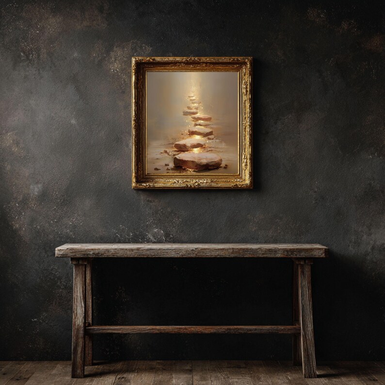 Op de afbeelding: Een ingelijst kunstwerk toont een pad van stapstenen dat omhoog leidt, badend in een warm, gouden licht. Het kunstwerk bevindt zich in een gouden, sierlijke lijst, boven een rustieke houten console.