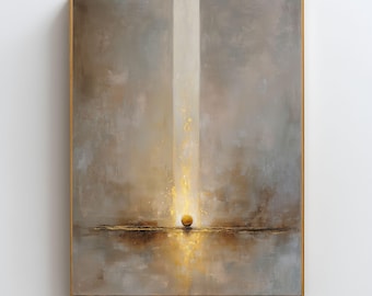 May include: A rectangular framed wall art piece featuring an abstract painting with a vertical beam of light descending onto a central golden sphere. The background consists of blended shades of grey, beige, and brown with gold leaf accents.