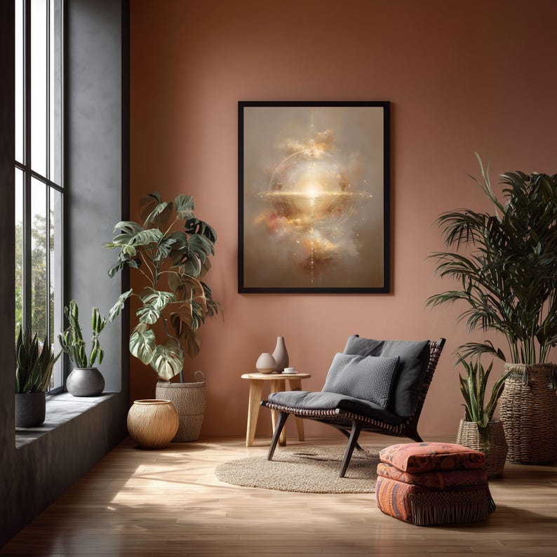 May include: A framed abstract art print with a black frame hangs on a terracotta-colored wall. The artwork features a bright, golden light emanating from the center, surrounded by swirling clouds. The room includes a black chair, plants, and a wooden side table.