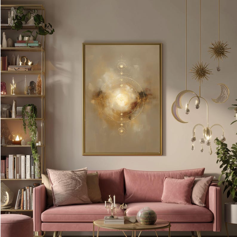 May include: A framed abstract painting with a gold frame, featuring a central bright light surrounded by swirling brown and gold colors. The room includes a pink sofa, gold shelving, and decorative hanging lights.