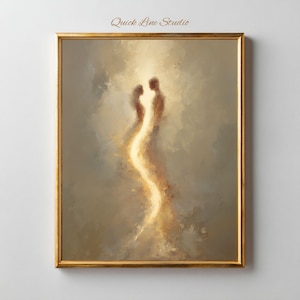 May include: A framed wall art print featuring an abstract painting of two figures facing each other, connected by a bright, glowing vertical light path against a soft, muted beige and brown background. The text Quick Line Studio is visible.