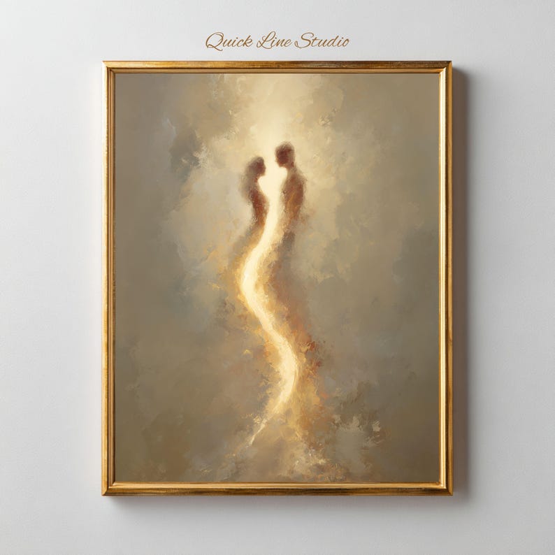 May include: A framed wall art print featuring an abstract painting of two figures facing each other, connected by a bright, glowing vertical light path against a soft, muted beige and brown background. The text Quick Line Studio is visible.