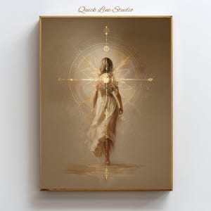 Peut inclure: Impression d'art encadrée représentant une femme en robe blanche, s'éloignant du spectateur. L'œuvre d'art a une lueur dorée et éthérée avec un motif géométrique derrière la femme. Le texte "Quick Line Studio" est en haut.