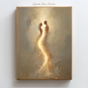 May include: Framed abstract art print. The image shows two silhouetted figures linked by a glowing, sinuous light. The background is a mix of muted earth tones. The text "Quick Line Studio" is in the top right corner of the artwork.