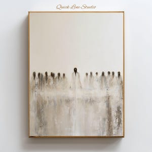 May include: A rectangular wall art print in a gold frame featuring an abstract painting with a group of indistinct figures in shades of beige, white, and gray. The central figure stands out against a light background with vertical brushstrokes.