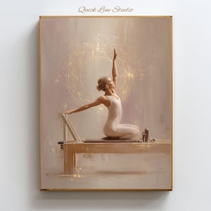 以下が含まれることがあります： 白い衣装の女性が木製の器具でピラティスをしている額入りのプリント。アートワークは、暖かい色使いとゴールドのアクセント、上部に「Quick Line Studio」の文字が特徴です。