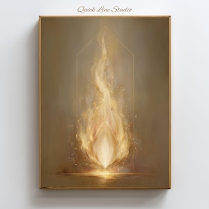 Puede incluir: Una obra de arte enmarcada que presenta una llama abstracta y brillante en tonos dorados y crema. La llama está encerrada dentro de un sutil contorno geométrico, con detalles brillantes. La obra está firmada "Quick Line Studio".