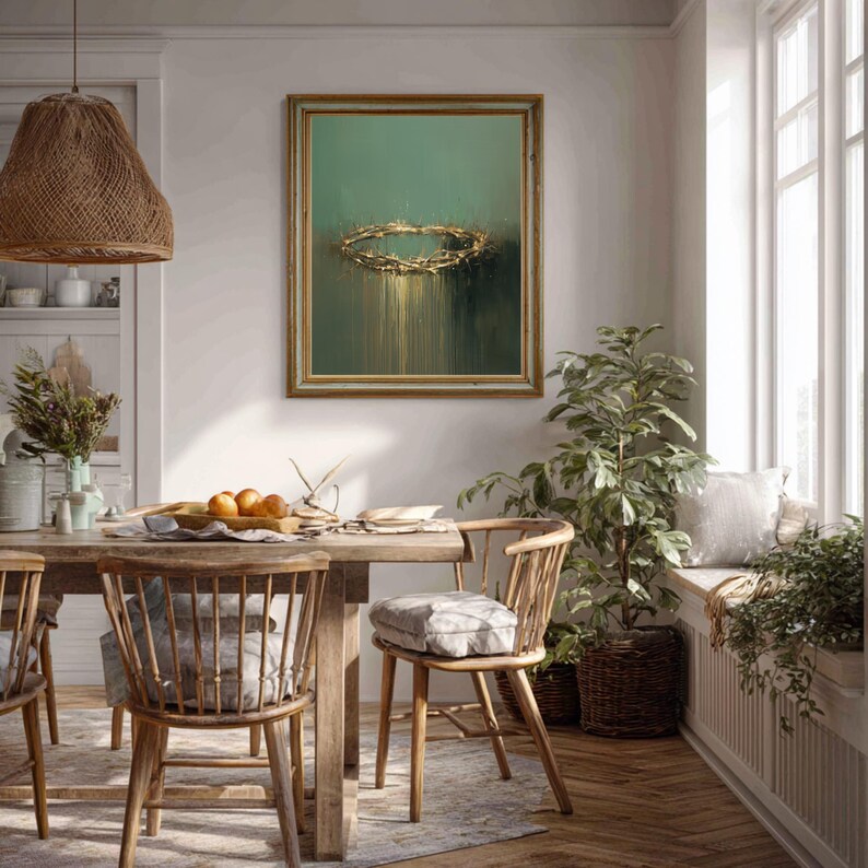 Jesus Crown of Thorns Wall Art | Modern Christian Painting | Green Gold ...