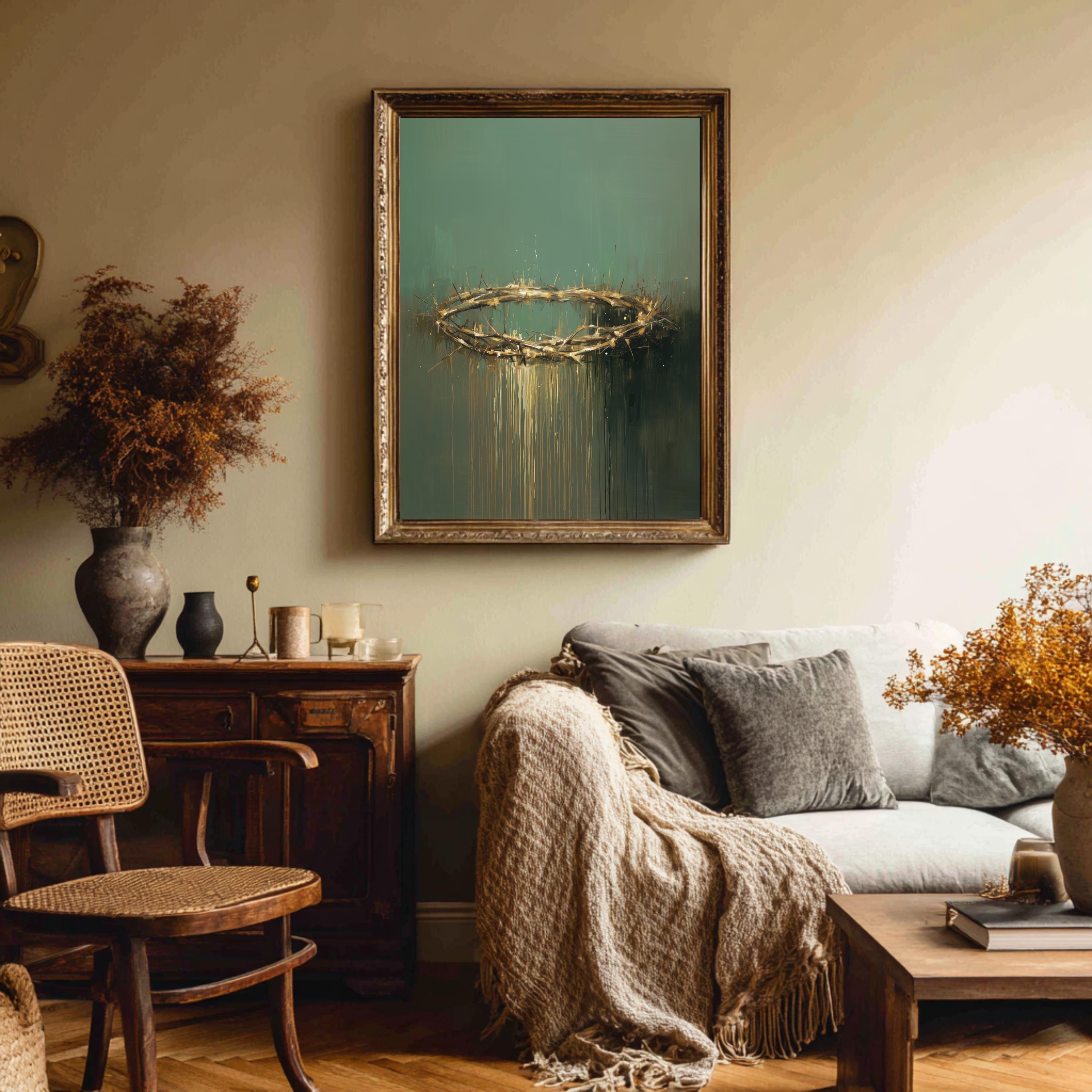 Jesus Crown of Thorns Wall Art | Modern Christian Painting | Green Gold ...