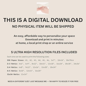 May include: Digital download art print with text: "THIS IS A DIGITAL DOWNLOAD, NO PHYSICAL ITEM WILL BE SHIPPED." Includes multiple sizes: A1, A2, A3, A4, A5, A6, 5x7", 10x14", 50x70cm, and more. The text also says "NEED A DIFFERENT SIZE? JUST MESSAGE ME - I'M HAPPY TO RESIZE IT FOR FREE."