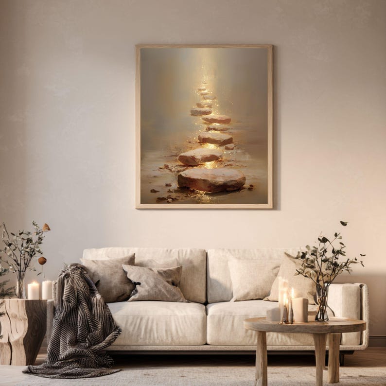 Op de afbeelding: Een ingelijste kunstdruk toont een pad van stapstenen die naar een helder licht leiden. De stenen zijn warmbruin van kleur en de achtergrond heeft een zachte, gouden gloed. Het kunstwerk wordt boven een cr&egrave;mekleurige bank weergegeven.