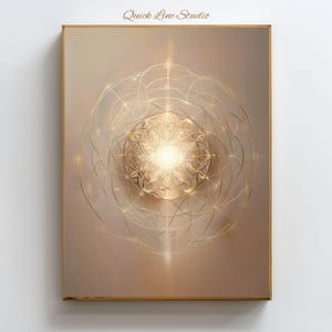 May include: A framed artwork featuring a golden geometric design with a central, glowing orb. The artwork has a warm, neutral background and is framed in a simple, light-colored wooden frame. The text "Quick Line Studio" is at the top.