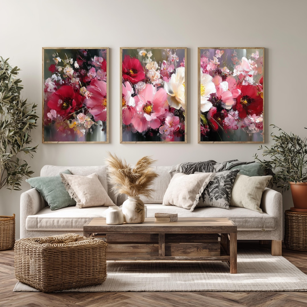 Pink Floral Wall Art Set of 3, Large Flower Prints, Modern Abstract ...