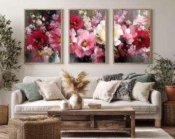 Pink Floral Wall Art Set of 3, Large Flower Prints, Modern Abstract Flower Painting, Botanical Canvas Wall Decor, Living Room Wall Art