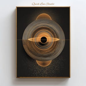 May include: Abstract art print featuring a gold and black design. The artwork has a circular pattern with a central black circle and gold accents. The words "Quick Line Studio" are in the top center.