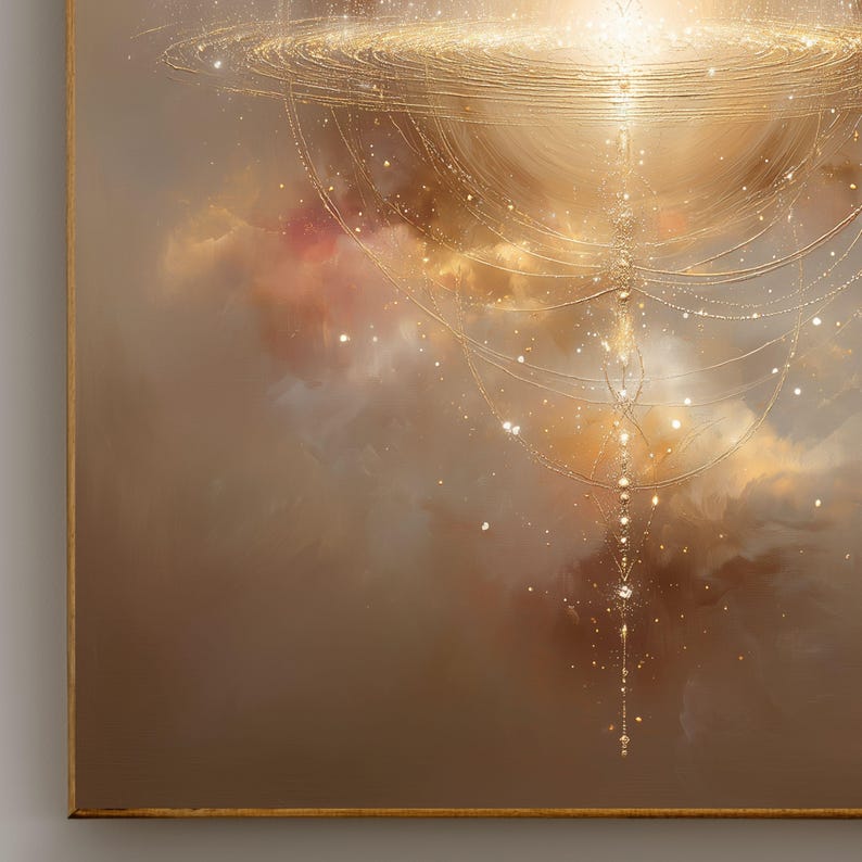 May include: Abstract artwork with a gold frame. The image features a celestial design with swirling gold lines, sparkling dots, and a soft, cloudy background in shades of brown, beige, and pink. The artwork evokes a sense of cosmic wonder and ethereal beauty.