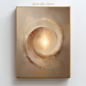 Puede incluir: Impresión artística abstracta con un diseño en espiral y una fuente de luz central. La paleta de colores incluye tonos beige, dorado y marrón. El texto "Quick Line Studio" está en la esquina superior izquierda. La obra está enmarcada.