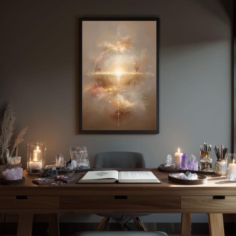 May include: A framed artwork with a celestial design hangs above a wooden desk. The artwork features a bright, golden light emanating from the center, surrounded by swirling clouds. The desk is adorned with candles, crystals, and an open book, creating a spiritual ambiance.