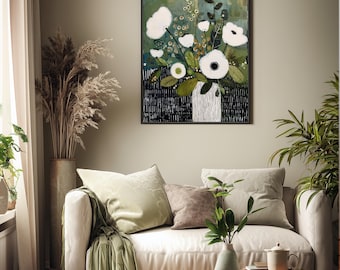 Moderne Blumenwandkunst | Abstrakter botanischer Druck | Grün weiße Blume Digital Download