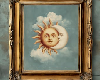 May include: A framed artwork featuring a celestial theme. The painting depicts a smiling sun and a crescent moon embracing against a cloudy blue sky. The frame is ornate and gold-colored, adding a vintage aesthetic.