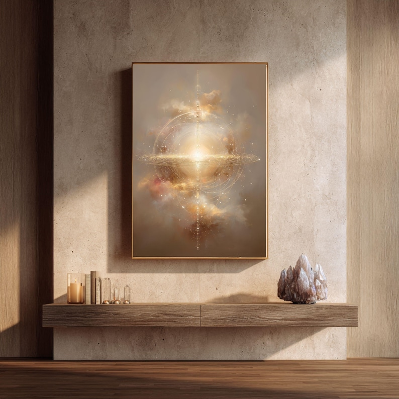 May include: A framed abstract art print with a celestial theme. The artwork features a bright, golden light emanating from the center, surrounded by swirling clouds in shades of beige and gold. A wooden shelf below holds books, candles, and a crystal.