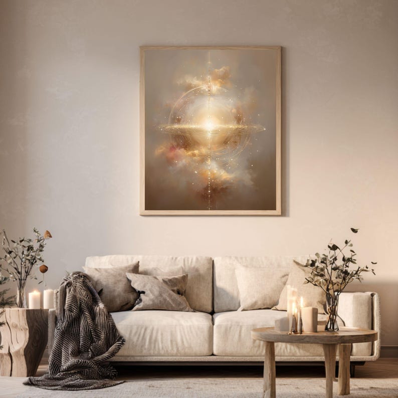May include: A framed abstract art print with a celestial design. The artwork features a bright, golden light emanating from the center, surrounded by swirling clouds in shades of brown, gold, and pink. The print is displayed above a cream-colored sofa.