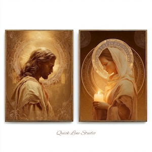 Jezus en Maria Magdalena muurkunstset | Heilige paar gouden lichtafdrukken | Spirituele toewijding Woondecoratie digitale download