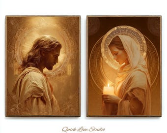 Jesus and Mary Magdalene Wall Art Set | Sacred Couple Golden Light Prints | Spiritual Devotion Home Decor Digital Download