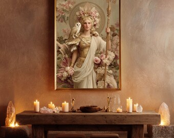 Athena Goddess Wall Art, Greek Mythology Print, Wisdom Strength Decor, Divine Feminine Warrior, Owl Symbol Art, Classical Goddess Poster