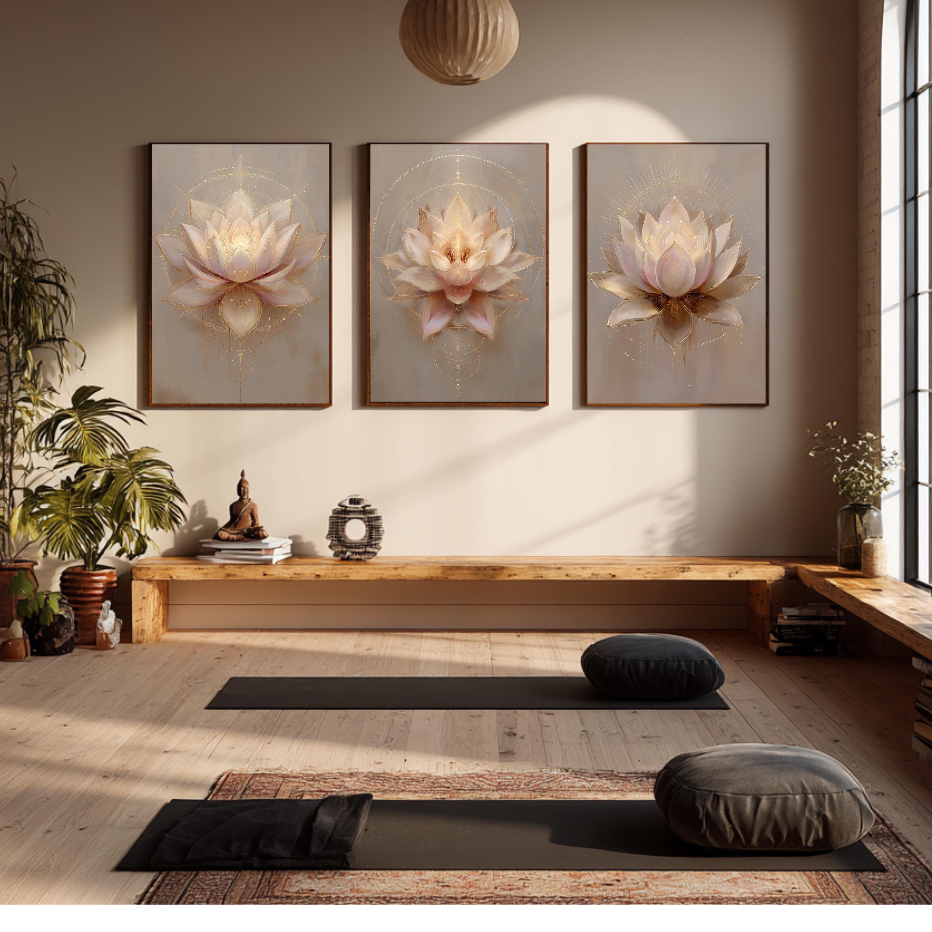 Lotus Flower Triptych Wall Art | Sacred Geometry Lotus Prints | Yoga ...