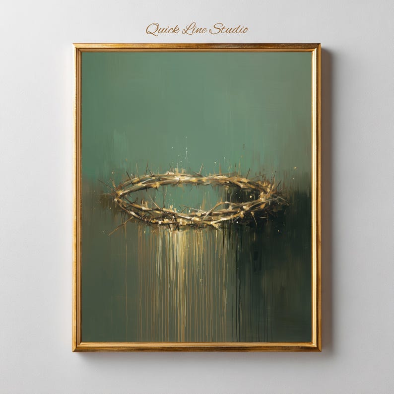 Jesus Crown of Thorns Wall Art | Modern Christian Painting | Green Gold ...