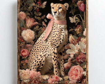 Vintage Cheetah with Pink Bow Print | Pastel Modern Feminine Decor | Digital Download