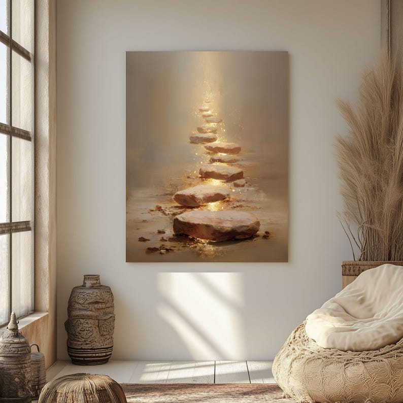 Op de afbeelding: Een canvas print toont een pad van verlichte stapstenen die omhoog leiden naar een gouden licht. Het kunstwerk gebruikt warme, aardse tinten met gouden accenten, waardoor een rustige en uitnodigende sfeer ontstaat. De stijl doet denken aan een droomlandschap.