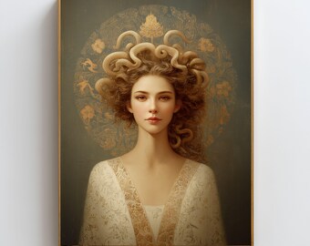 Lámina decorativa de Medusa para pared, diosa del poder femenino, decoración de la mitología griega, arte de la divinidad femenina, póster con símbolo de protección, obra de arte de la mujer mítica.