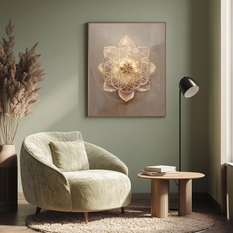 May include: A living room scene featuring a light green armchair, a small round wooden table, and a framed artwork. The artwork displays a gold and pink geometric design. A black lamp and a vase with dried plants complete the decor.