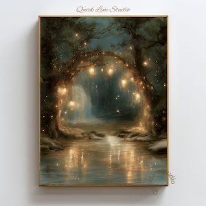 May include: A vertical wall art print titled Quick Line Studio featuring a dark forest scene with an arched tree formation over a calm body of water. Glowing lanterns hang from the branches, casting warm light onto the water's surface.