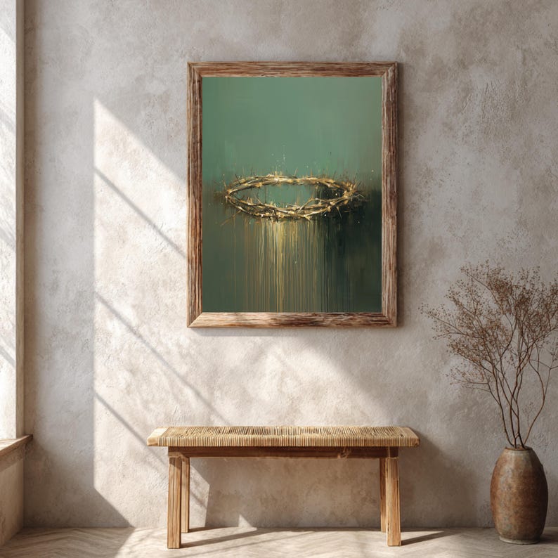 Jesus Crown of Thorns Wall Art | Modern Christian Painting | Green Gold ...