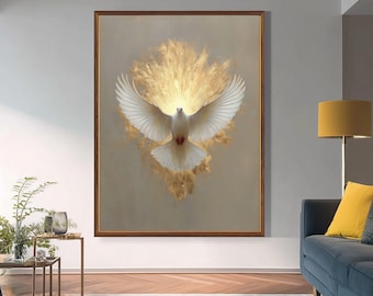 Modern Holy Spirit Dove Wall Art, Christian Gold Leaf Print, Confirmation Gift, Baptism Gift, Religious Wall Decor, Neutral Prayer Room Art
