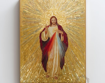 Divine Mercy Mosaic Art Print, Catholic Jesus Wall Art, Byzantine Christian Artwork, Gold Religious Decor, Confirmation Gift