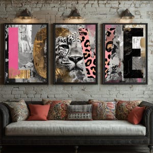 Love-printset met luipaardprint: maximalistische dierenmuurkunst (digitale download)