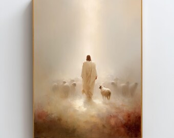 Jesus Walks With You Wall Art, Christian Printable, Faith Wall Decor, Bible Inspired Art, Jesus and Sheep Artwork, Religious Gift Print