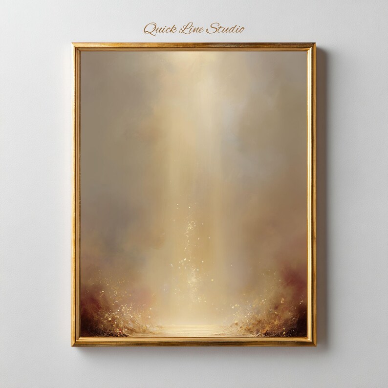 May include: A framed abstract art print with a gold-colored frame. The artwork features a soft, ethereal design with warm tones of gold, beige, and brown. The text "Quick Line Studio" is in the upper left corner.