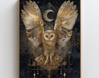 Arte mural de búho con geometría sagrada / Estampado animal místico con espíritu dorado / Decoración espiritual bohemia y brujería (Descarga digital)