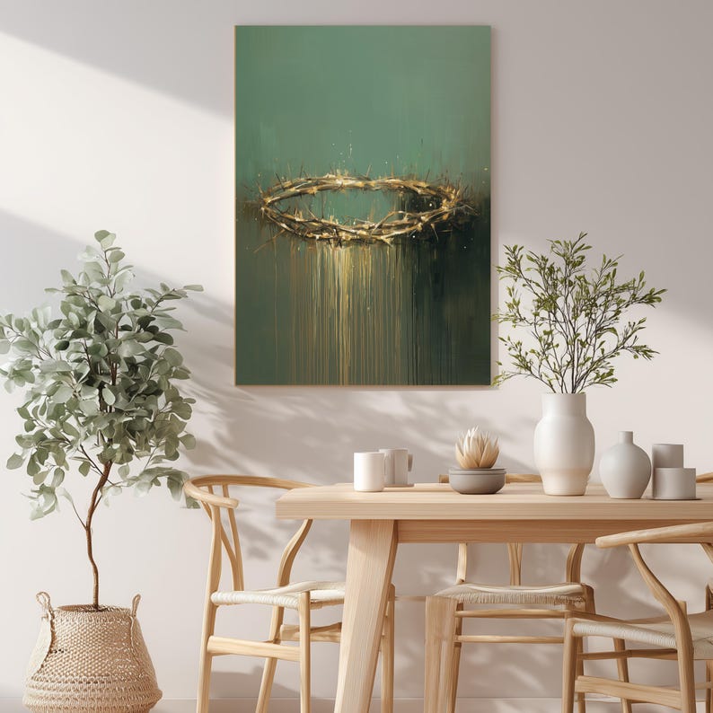 Jesus Crown of Thorns Wall Art | Modern Christian Painting | Green Gold ...