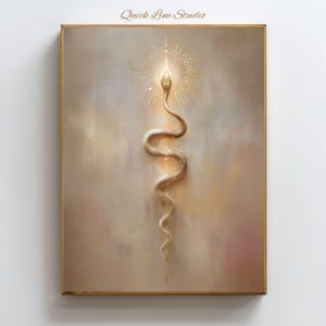 May include: A framed artwork depicting a golden snake rising towards a radiant light. The snake is finely detailed against a soft, textured backdrop with warm tones. The artwork is signed "Quick Line Studio" in the upper left corner.