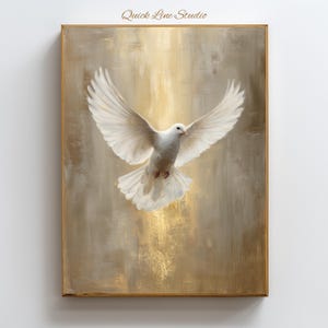 Lonesome Dove-muurkunst | Heilige Geest schilderij | Vredesduif-print | Gouden kunst christelijk decor | Spiritueel symbool van licht